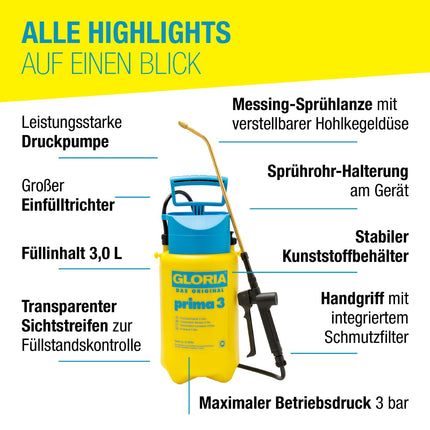 GLORIA prima 3 Drucksprüher – Highlights: 3 L Füllinhalt, max. 3 bar, Messing-Spritzrohr mit verstellbarer Hohlkegeldüse, stabiler Kunststoffbehälter