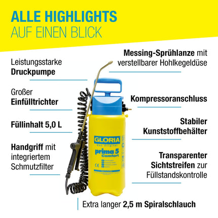 GLORIA prima 5 Comfort Drucksprüher – 5,0 L, verstellbare Messinglanze, Kompressoranschluss, 2,5 m Spiralschlauch, Sichtstreifen