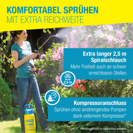 GLORIA prima 5 Comfort Drucksprüher – 2,5 m Spiralschlauch für mehr Reichweite, Kompressoranschluss zum Sprühen ohne Pumpen
