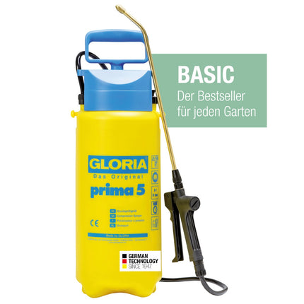 GLORIA prima 5 Drucksprüher, 5 L – Bestseller für jeden Garten; Messinglanze, verstellbare Düse, robustes Design