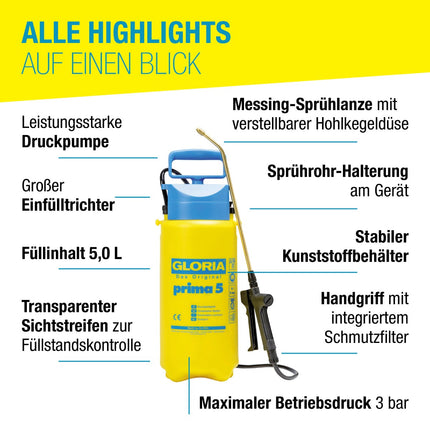 GLORIA prima 5 Drucksprüher – 5,0 L, Messing-Sprühlanze mit verstellbarer Hohlkegeldüse, Sichtstreifen, max. 3 bar