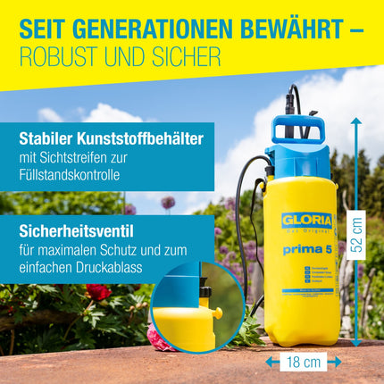 GLORIA prima 5 Drucksprüher – stabiler Kunststoffbehälter mit Sichtstreifen, Sicherheitsventil; robust und sicher