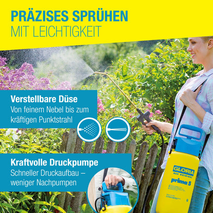 GLORIA prima 5 Drucksprüher – verstellbare Düse von feinem Nebel bis Punktstrahl, kraftvolle Druckpumpe