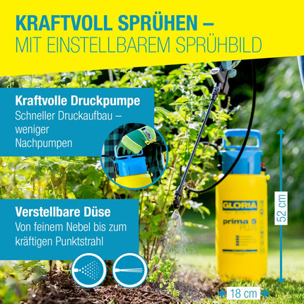 GLORIA prima 5 PLUS Drucksprüher – kraftvolle Pumpe, verstellbare Düse von Nebel bis Punktstrahl
