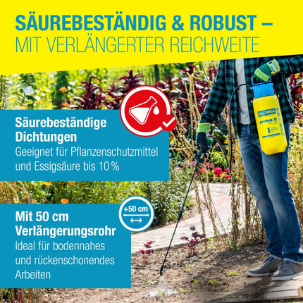 GLORIA prima 5 PLUS Drucksprüher – säurebeständige Dichtungen (bis 10 % Essigsäure), 50 cm Verlängerungsrohr für bodennahes Arbeiten