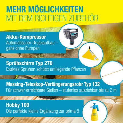 GLORIA prima 5 Zubehör – Akku-Kompressor, Sprühschirm Typ 270, Messing-Teleskoprohr Typ 132 (bis 2 m) und Hobby 100