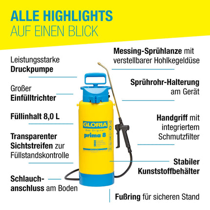GLORIA prima 8 Drucksprüher – 8,0 L, Messing-Sprühlanze (verstellbar), Sichtstreifen, Schlauchanschluss unten, Fußring