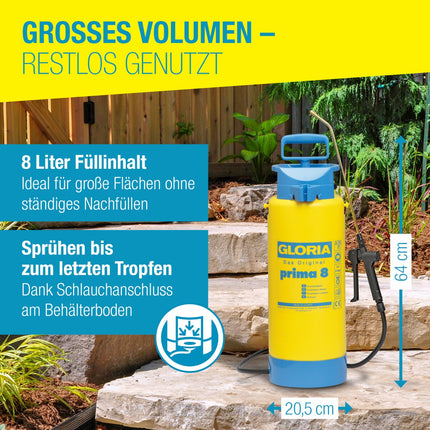 GLORIA prima 8 Drucksprüher – 8 L Volumen, sprüht bis zum letzten Tropfen dank Schlauchanschluss am Boden
