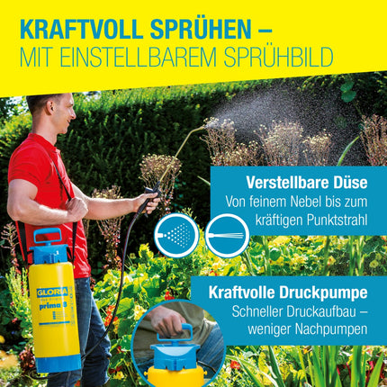 GLORIA prima 8 Drucksprüher – verstellbare Düse von feinem Nebel bis Punktstrahl, kraftvolle Pumpe