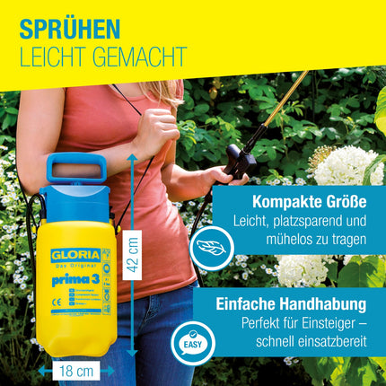 GLORIA prima 3 Drucksprüher – kompakte Größe, leicht und tragbar; einfache Handhabung für Garten, Pflanzenschutz und Reinigung