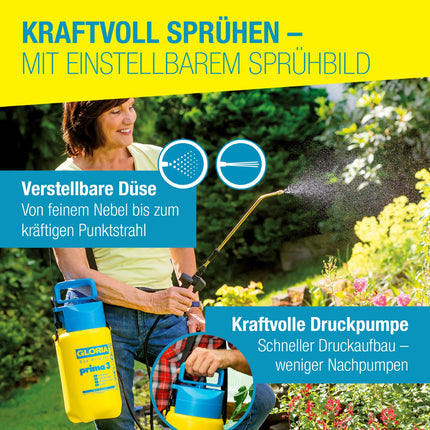 GLORIA prima 3 Drucksprüher – verstellbare Düse von feinem Nebel bis Strahl, kraftvolle Pumpe für präzises Sprühbild im Garten